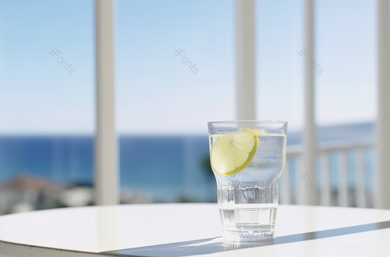 蓝色天空下桌上放一杯柠檬水,高清,摄影图,摄影图片,图片大全,摄影图免费下载